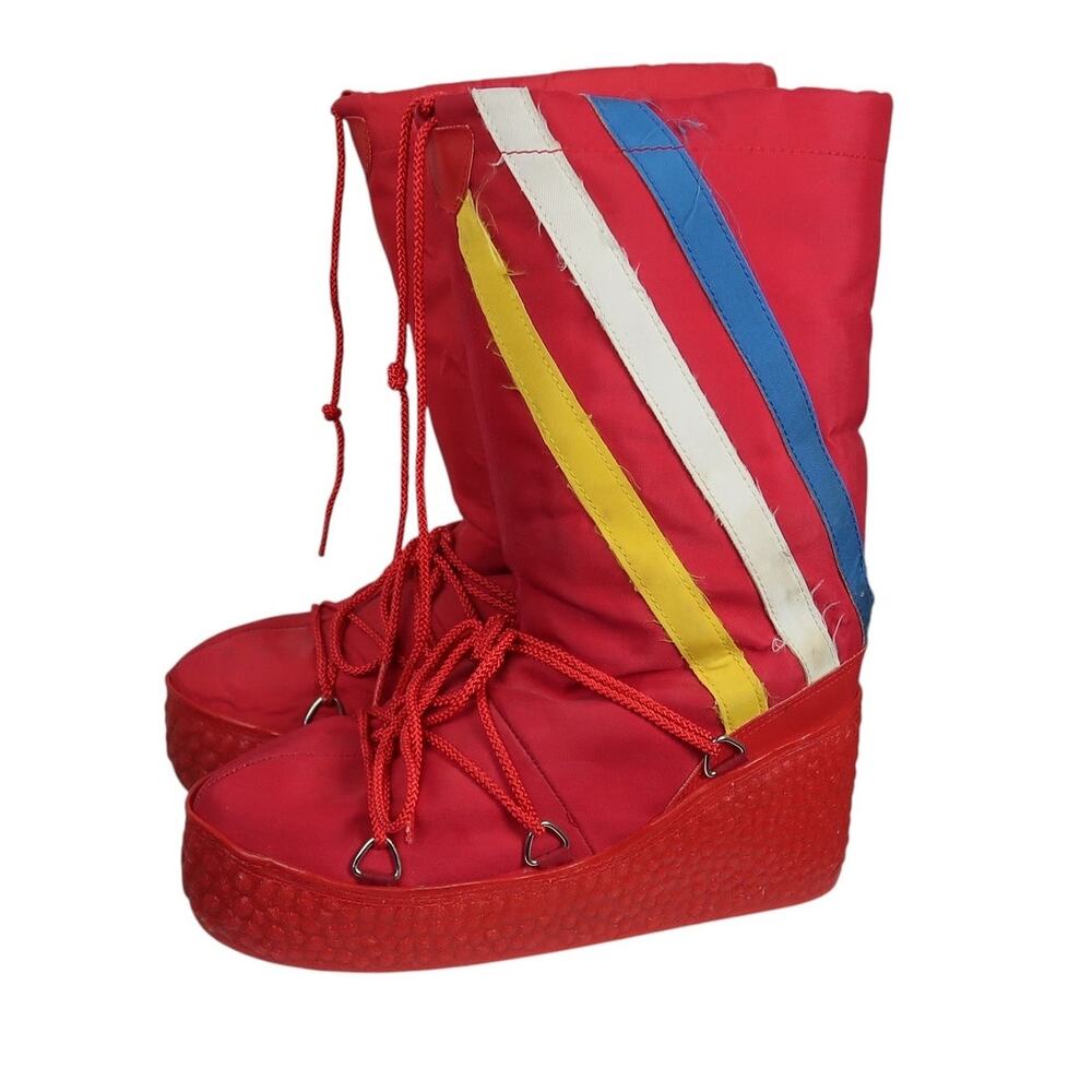 Vintage 80s Amco Red Rainbow Stripe Moon Snow Boots Insulated Womens 7